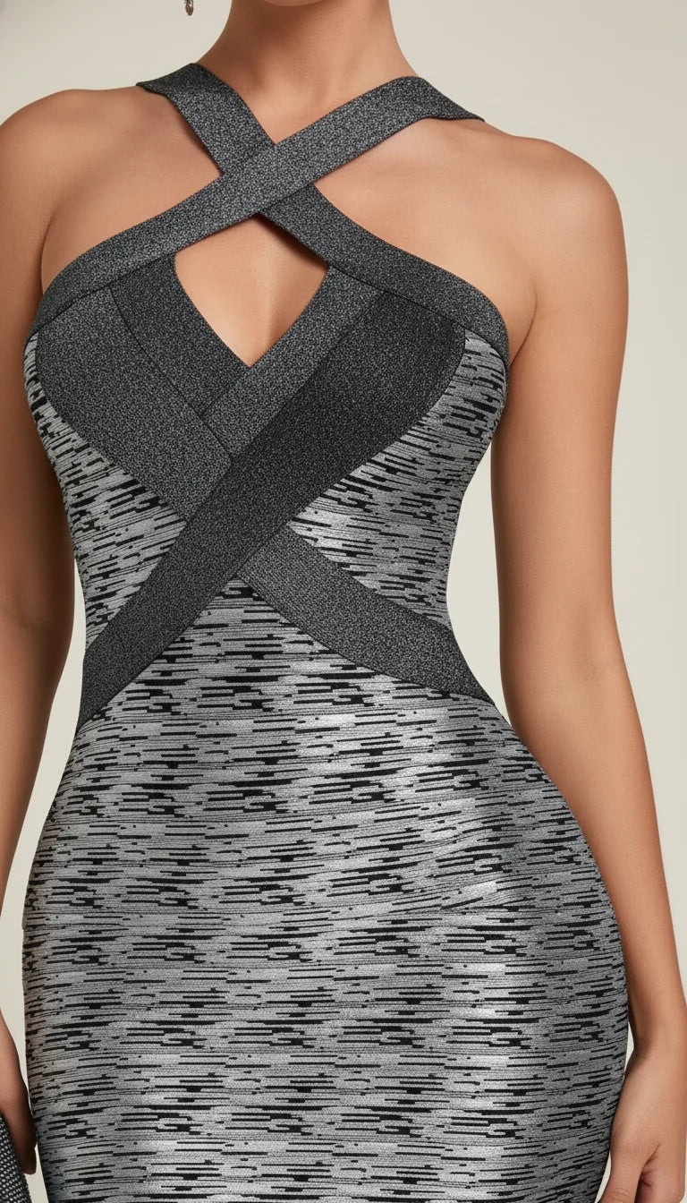 Robe Fourreau Halter Argentée Texturée - Vue face