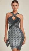 Robe Fourreau Halter Argentée Texturée