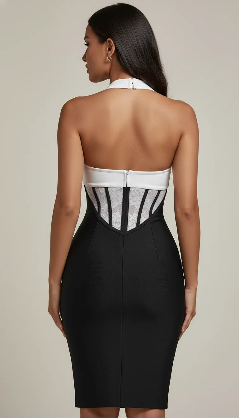 Robe Fourreau Halter Bicolore Corsetée - Vue dos