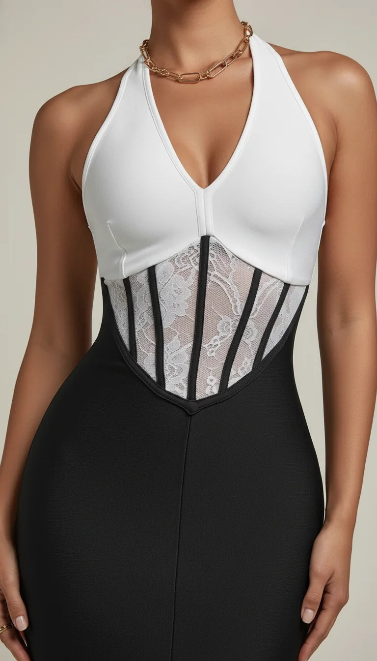 Robe Fourreau Halter Bicolore Corsetée - Vue face