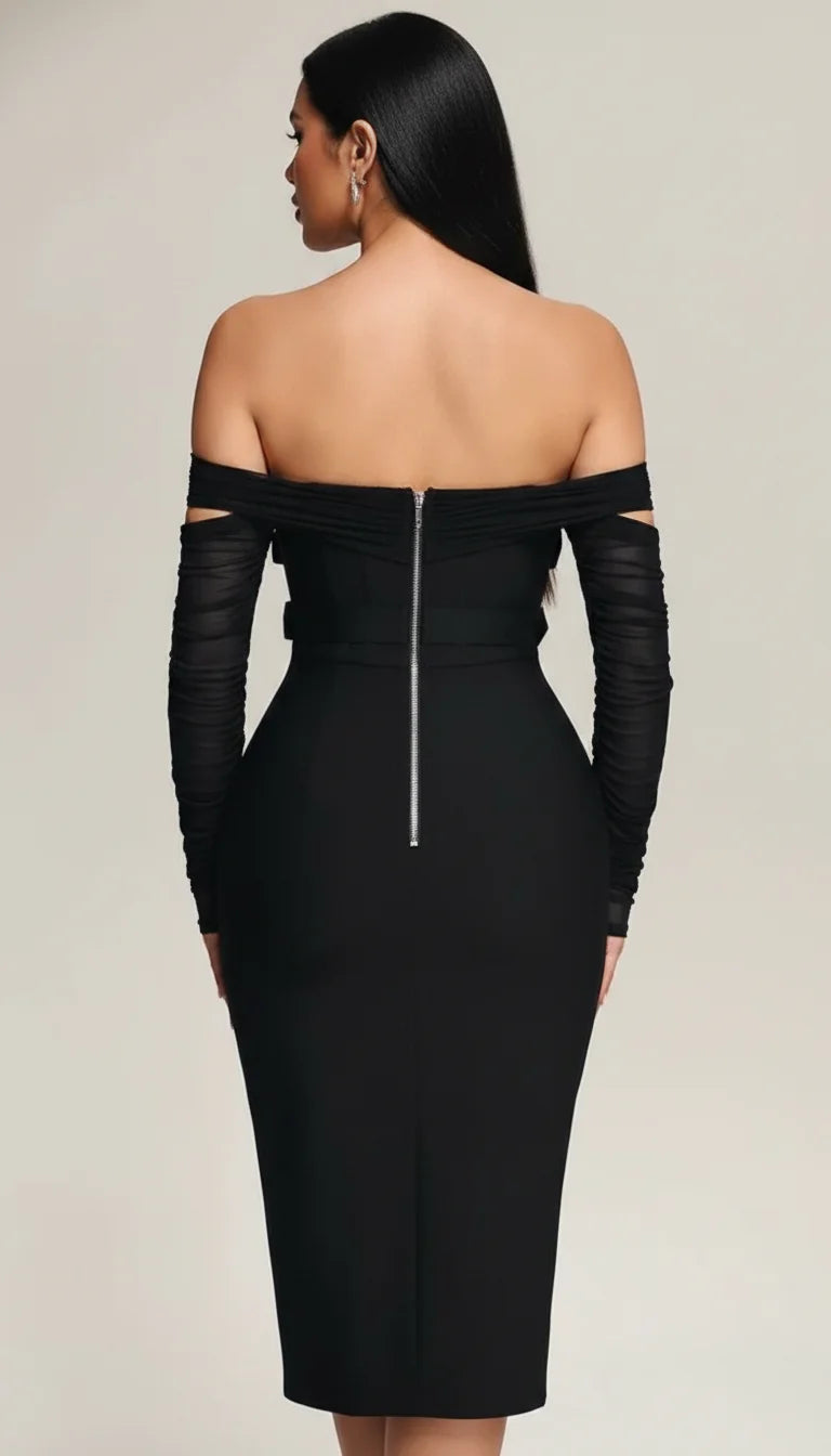 Robe Fourreau Noire Manches Mesh - Vue dos