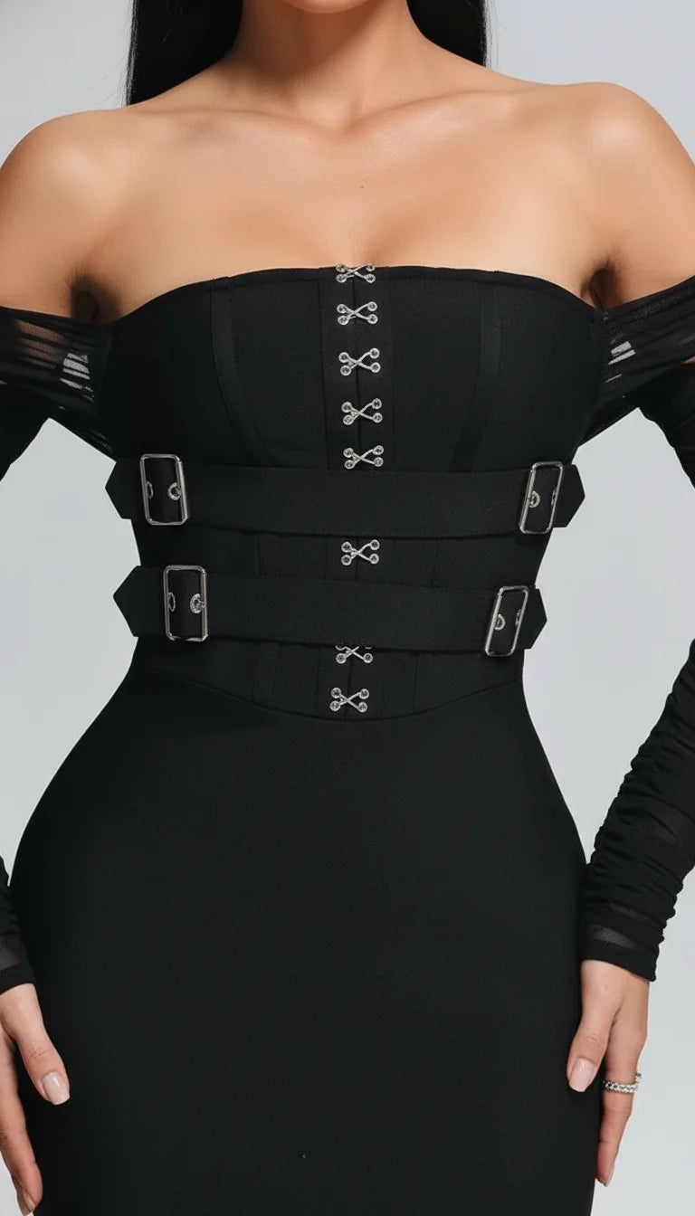Robe Fourreau Noire Manches Mesh - Vue face