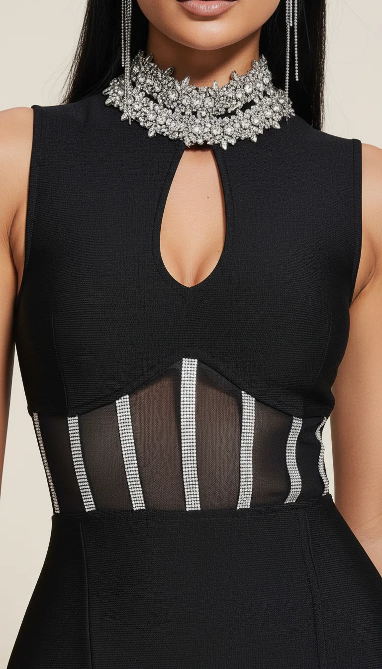 Robe Fourreau Noire Strass Résille - Vue face