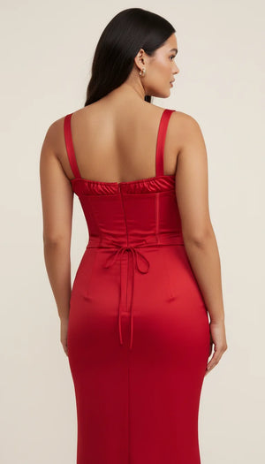 Robe Midi Corset Satin Rouge - Vue dos