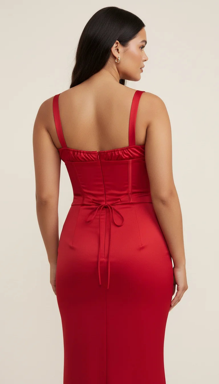 Robe Midi Corset Satin Rouge - Vue dos