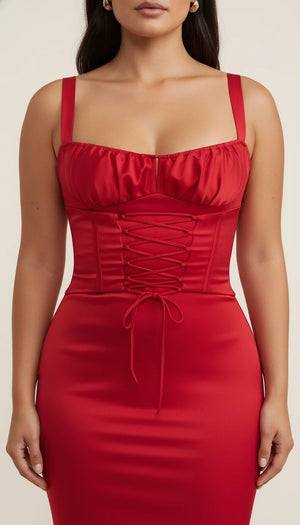 Robe Midi Corset Satin Rouge - Vue face