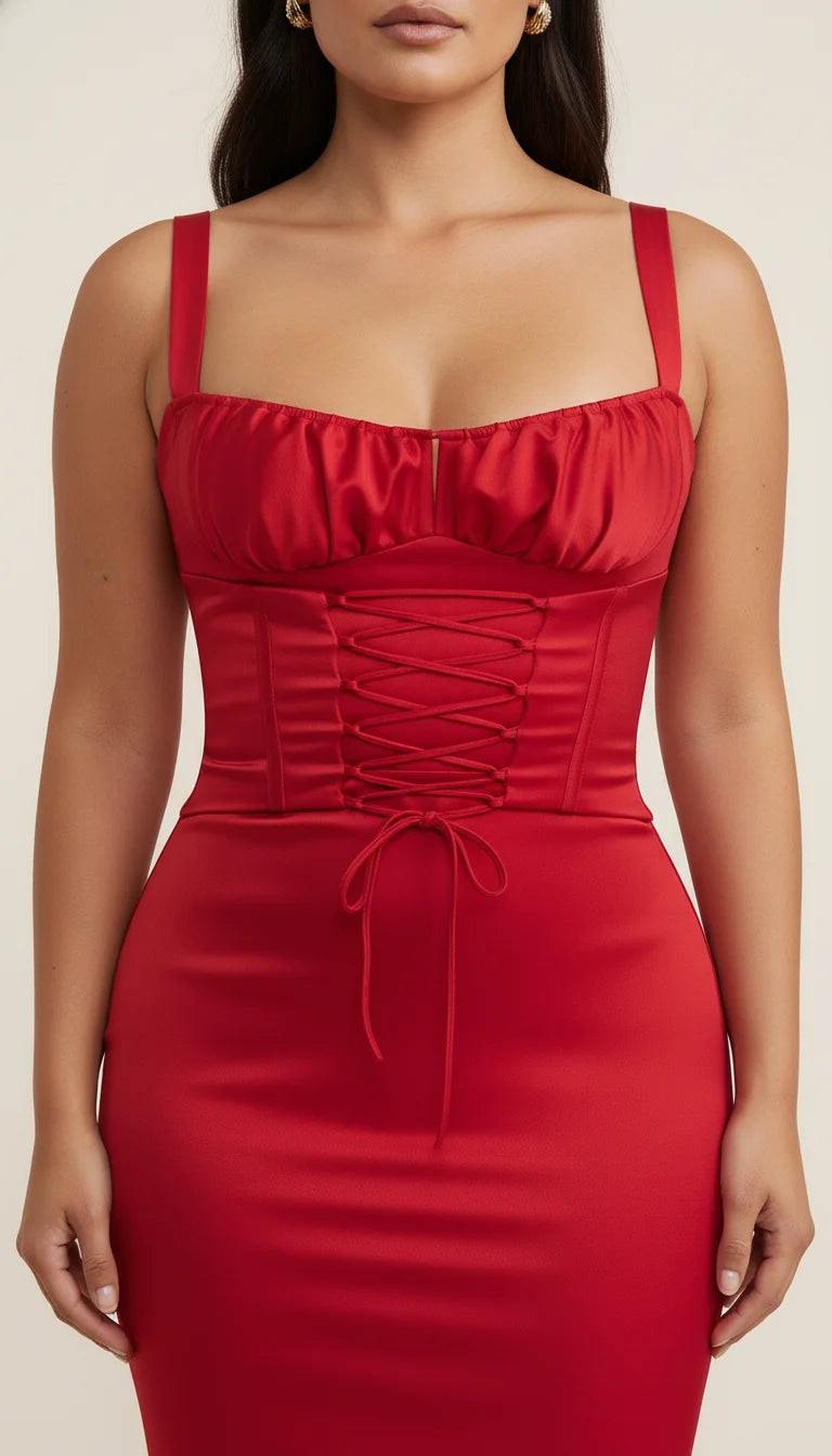 Robe Midi Corset Satin Rouge - Vue face