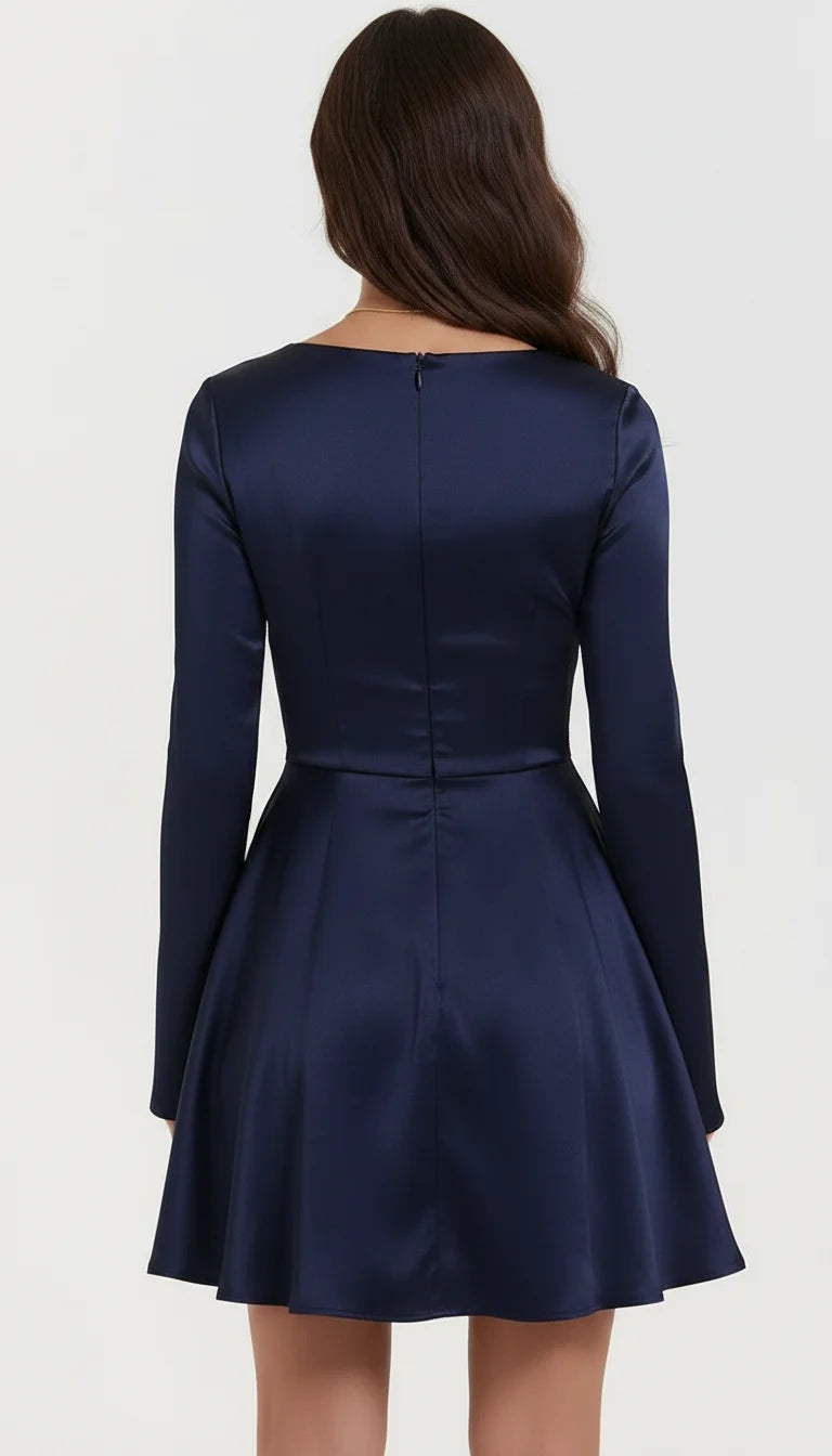 Robe Mini Satin Bleu Nuit Manches Longues - Vue dos