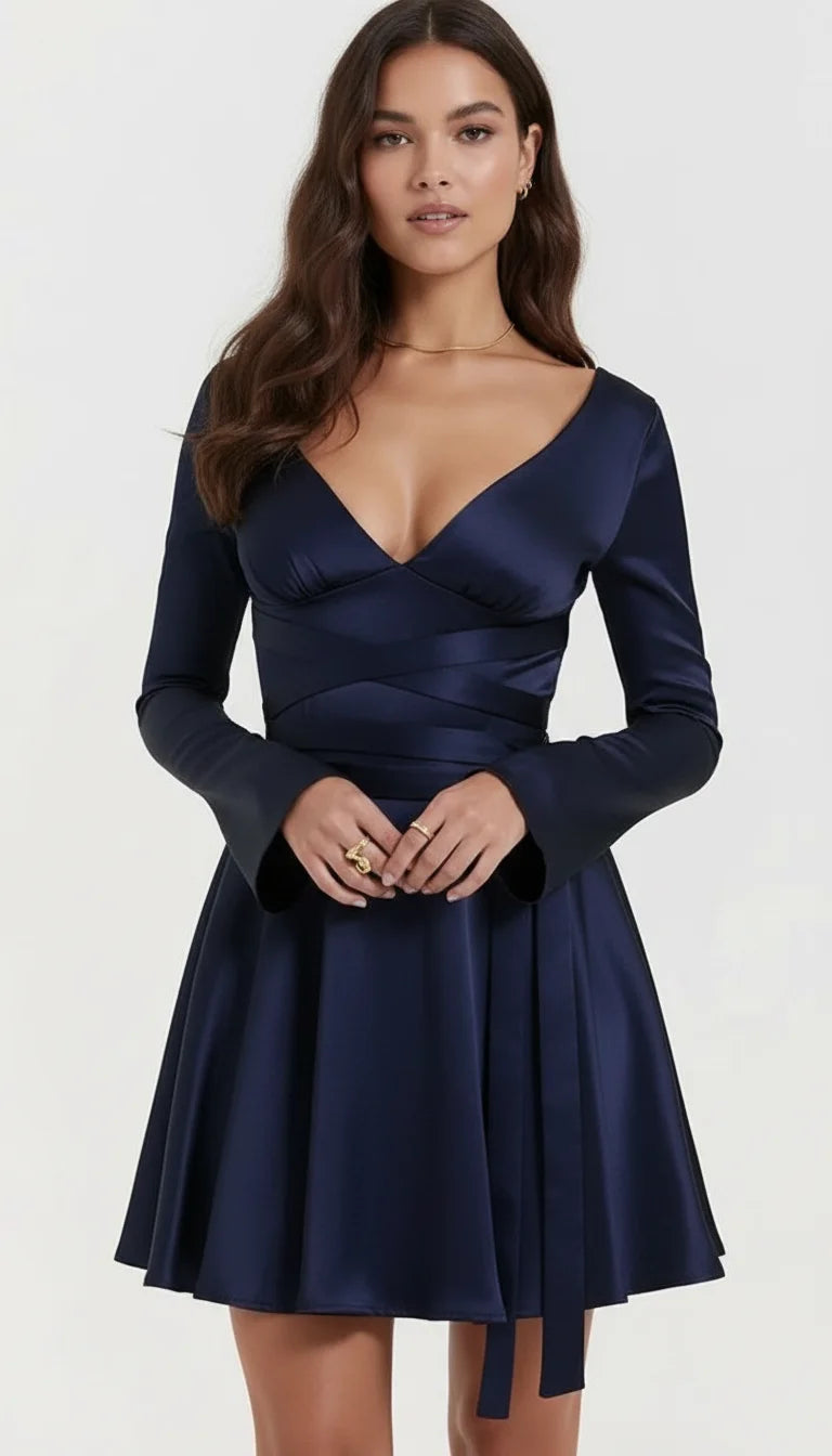 Robe Mini Satin Bleu Nuit Manches Longues - Vue principale
