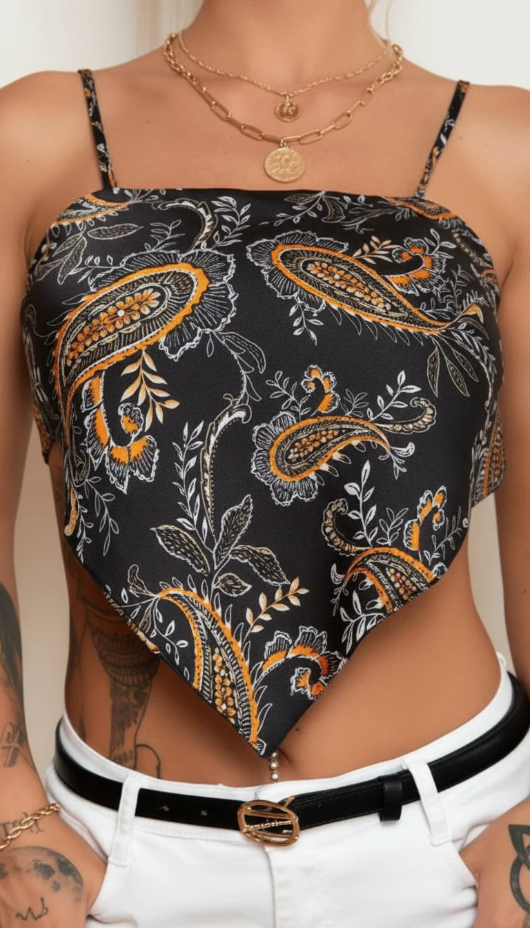 Top Bustier Paisley Noué Noir - Vue face