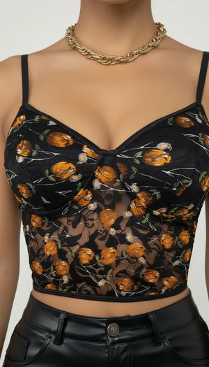 Top Bustier Résille Fleurs Orange - Vue face