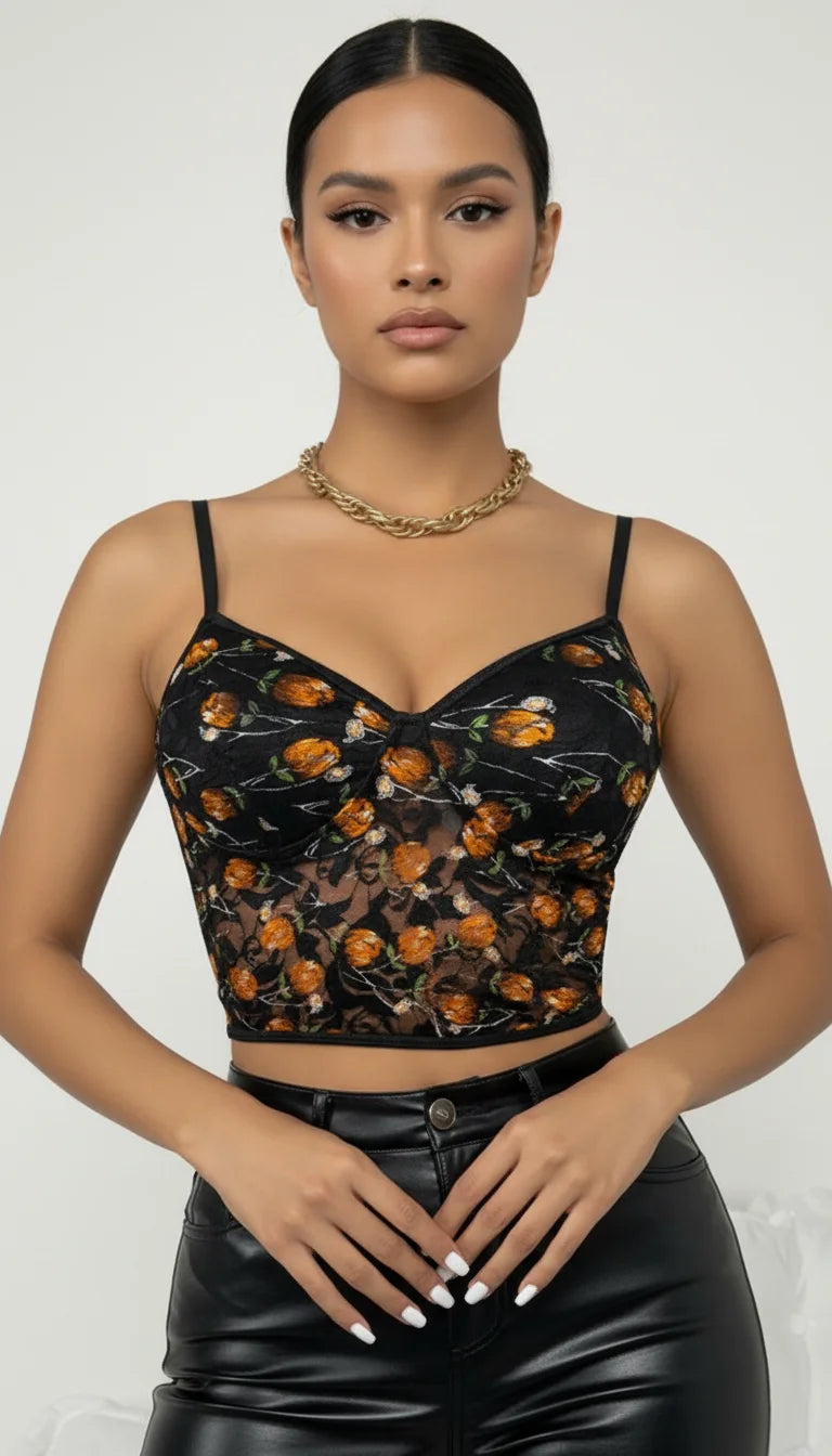 Top Bustier Résille Fleurs Orange