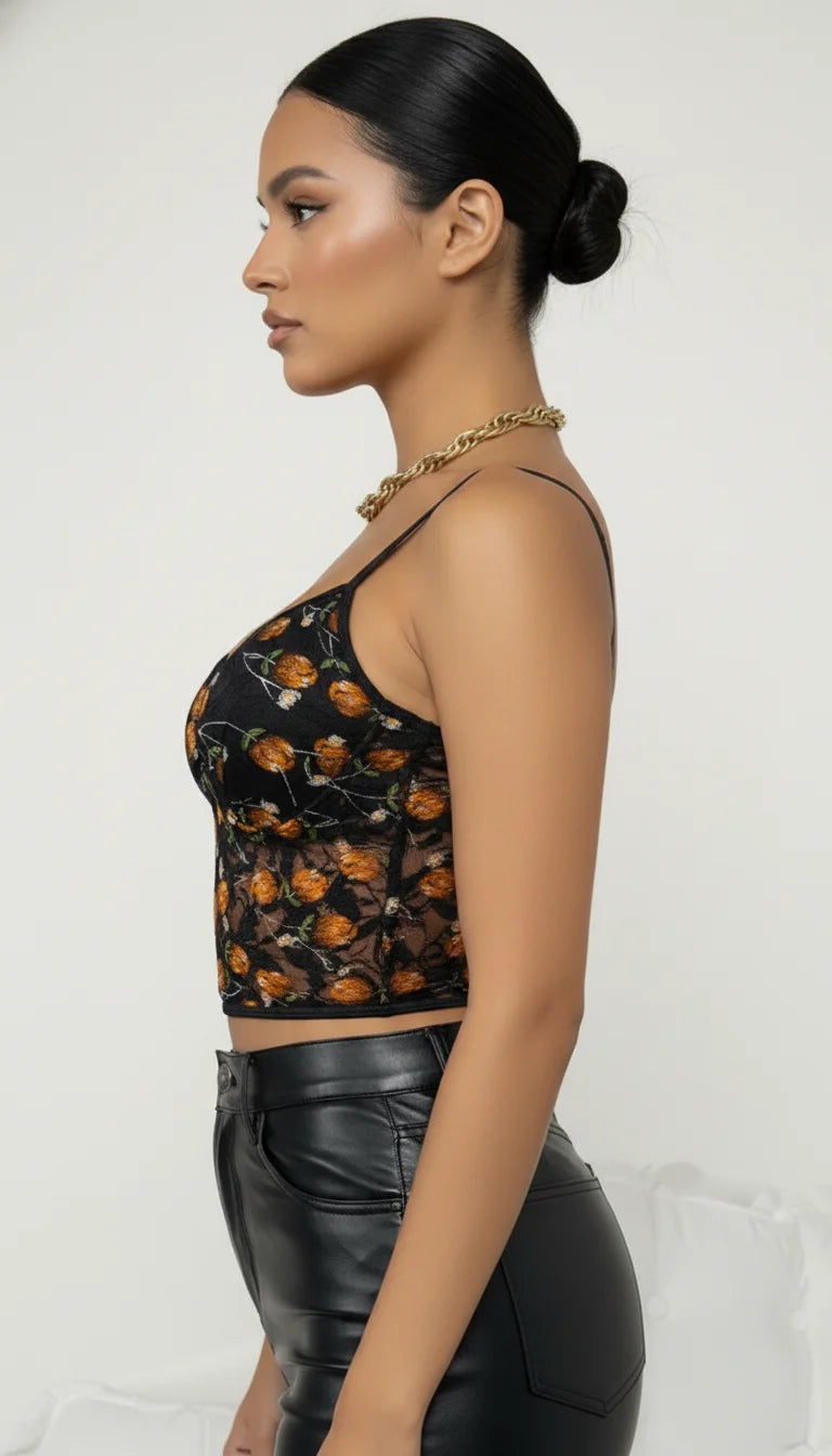 Top Bustier Résille Fleurs Orange - Vue profil