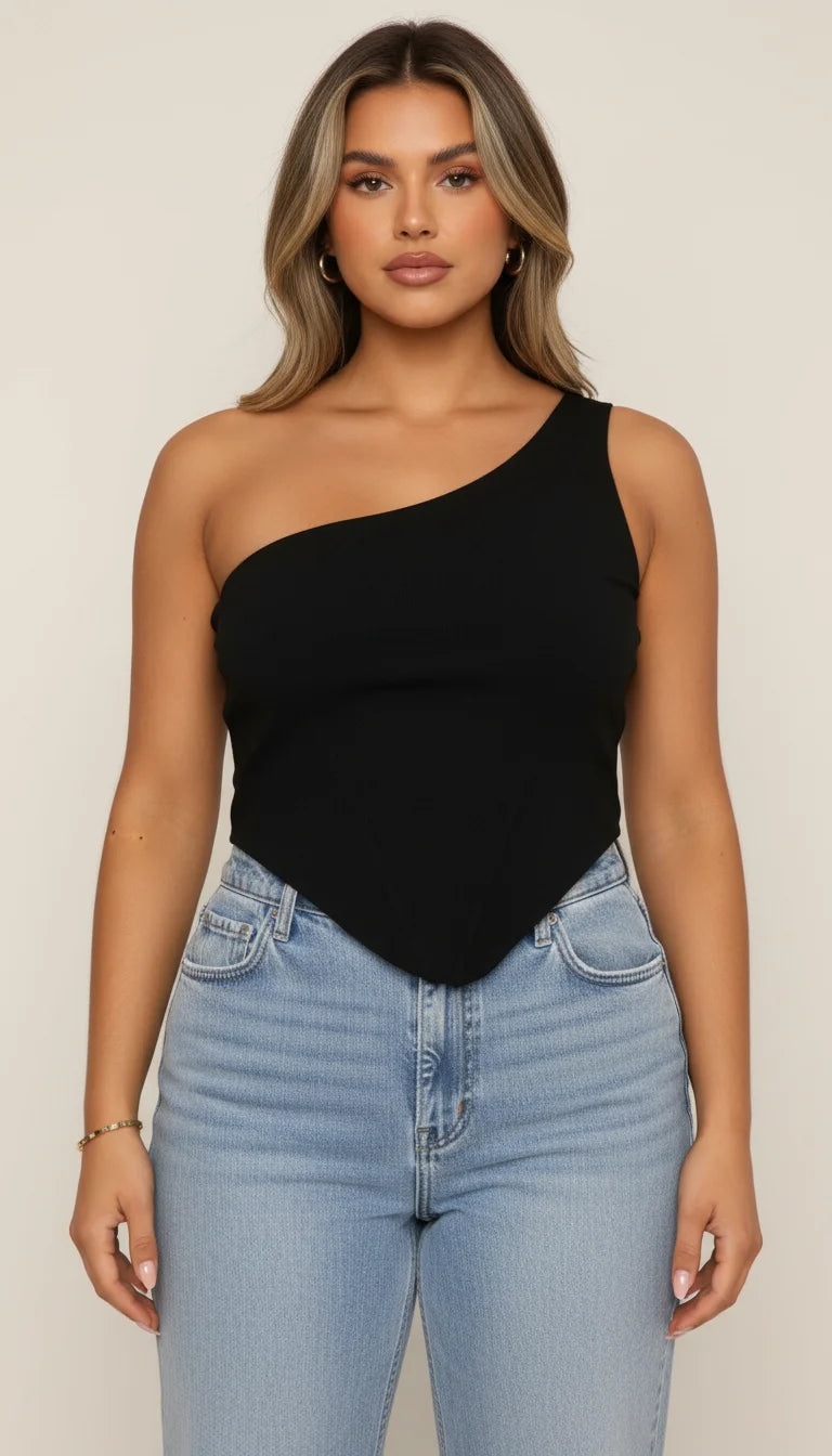Top Corset Asymétrique Noir - Vue principale