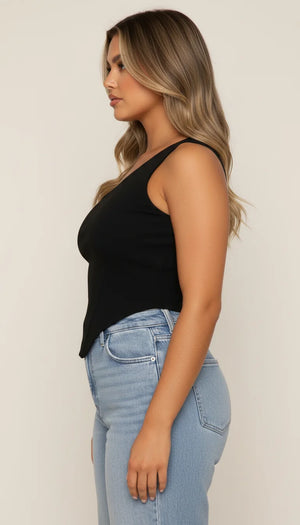 Top Corset Asymétrique Noir - Vue profil