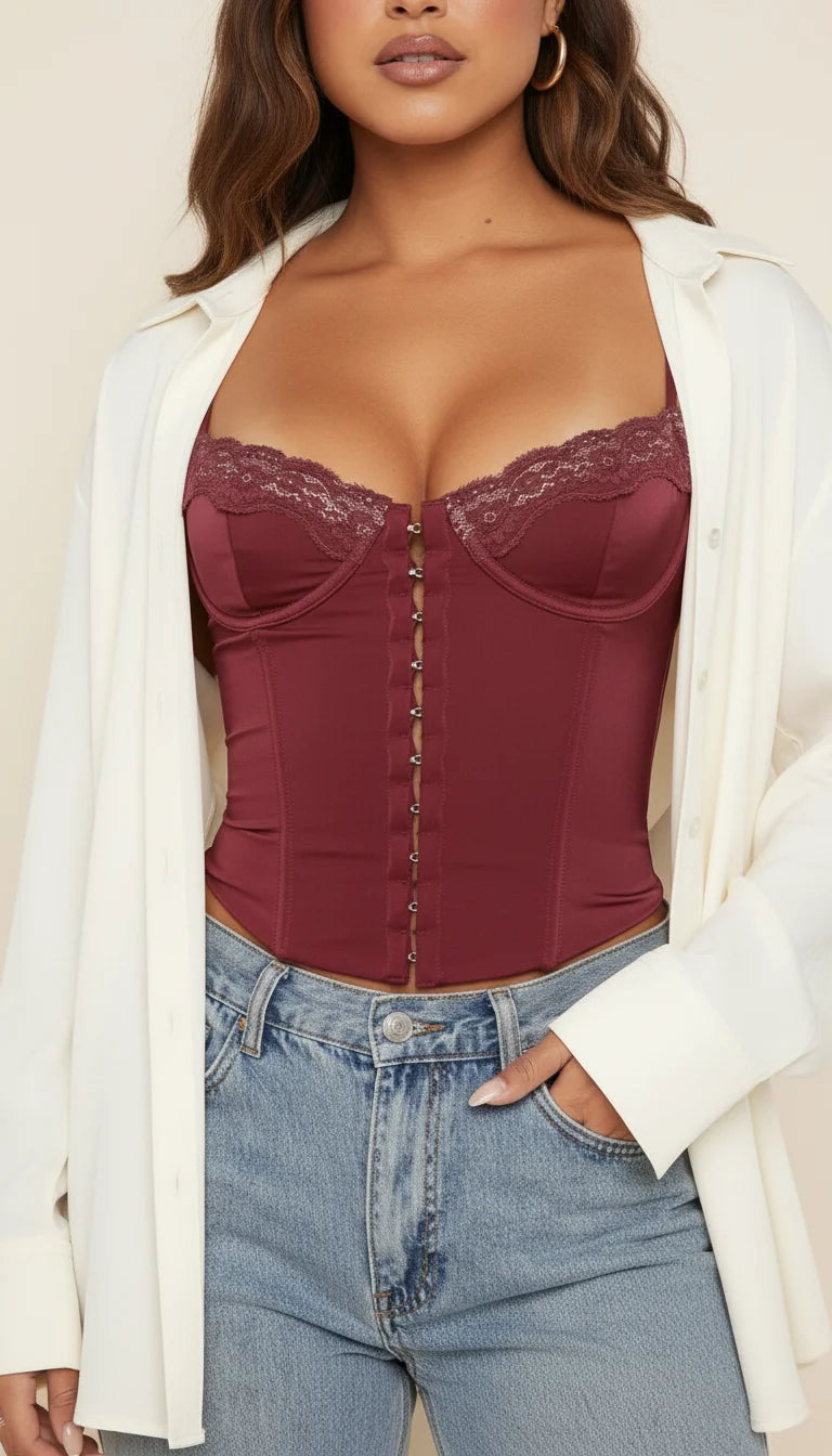 Top Corset Bordeaux Crochets Dentelle - Vue face