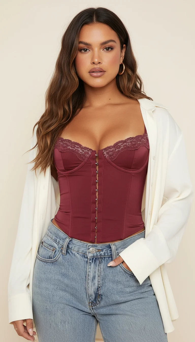 Top Corset Bordeaux Crochets Dentelle