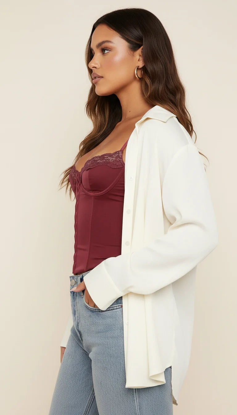 Top Corset Bordeaux Crochets Dentelle - Vue profil