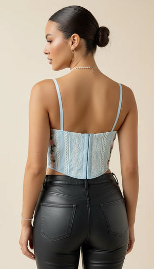 Top Corset Broderie Fleurie Bleu Ciel - Vue dos