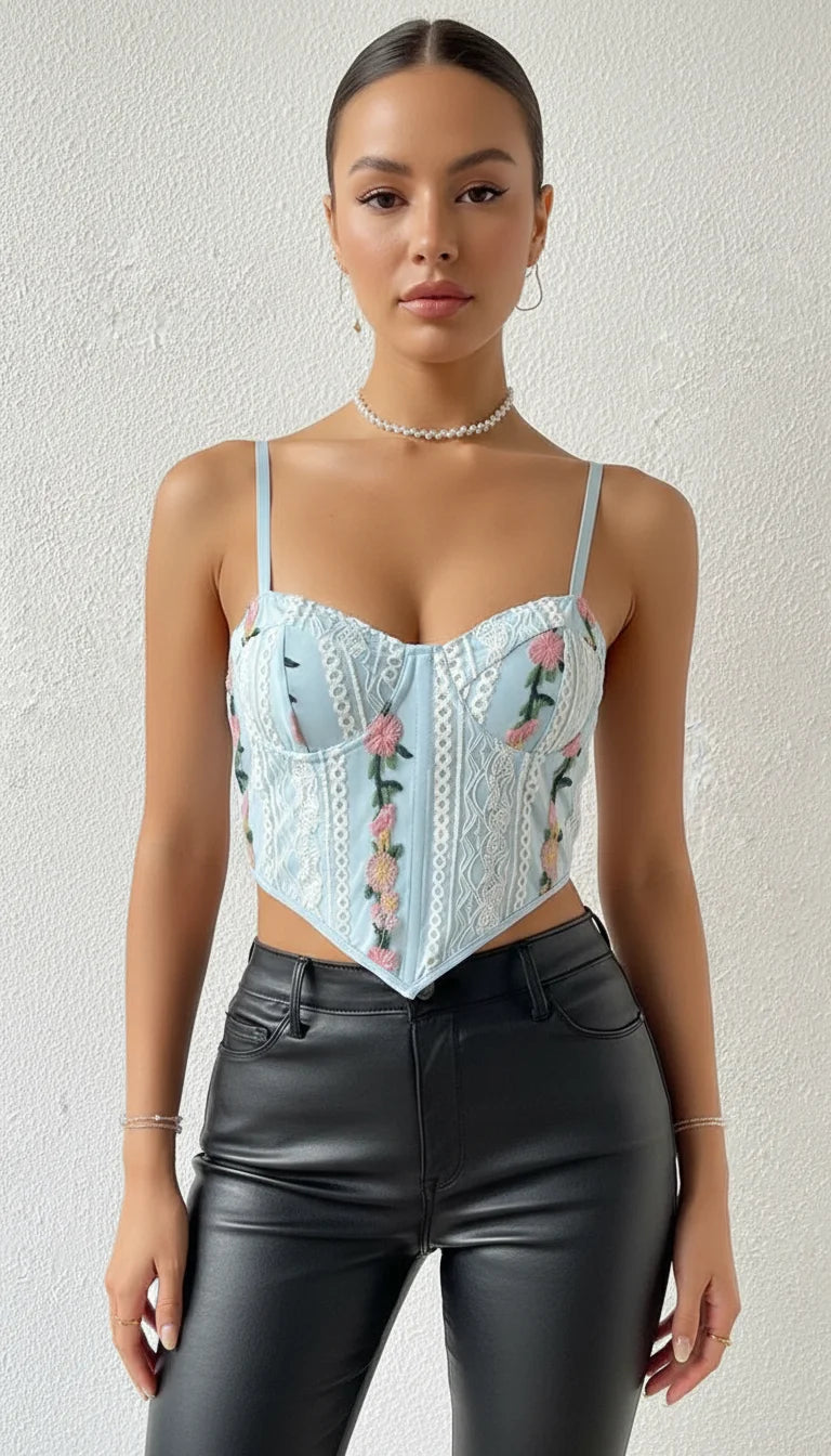 Top Corset Broderie Fleurie Bleu Ciel