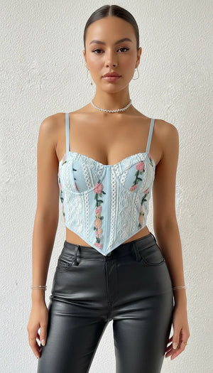 Top Corset Broderie Fleurie Bleu Ciel - Vue principale