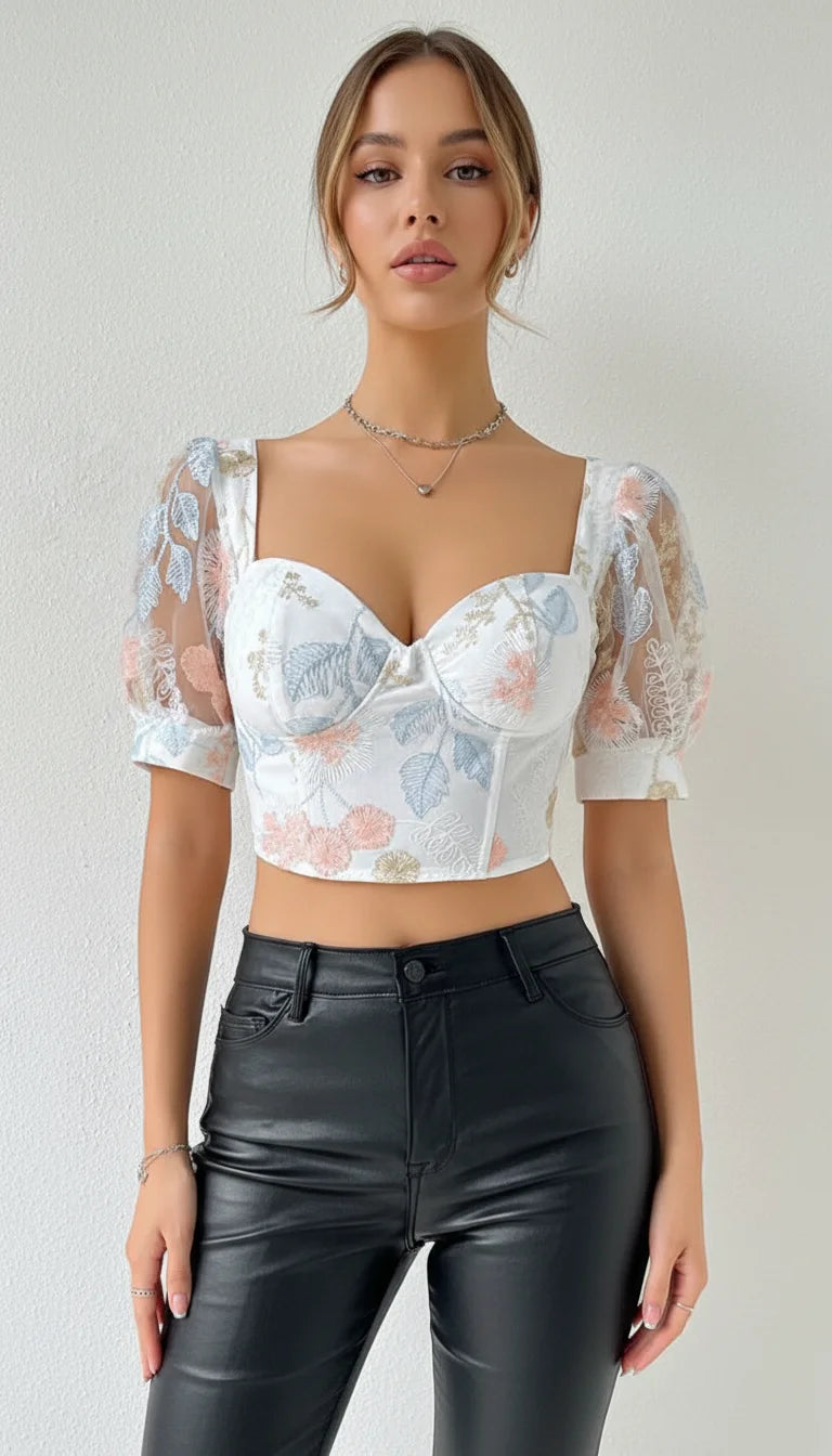 Top Corset Broderie Fleurie Lacé - Vue principale