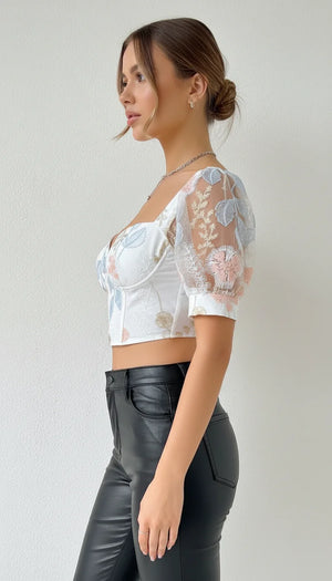 Top Corset Broderie Fleurie Lacé - Vue profil