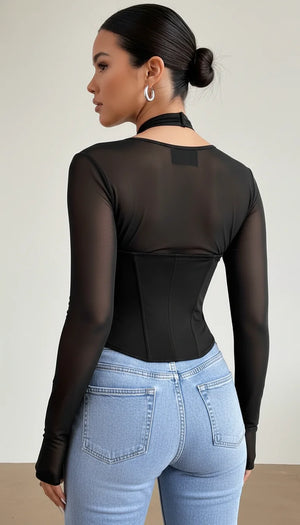 Top Corset Croisé Maille Noire - Vue dos