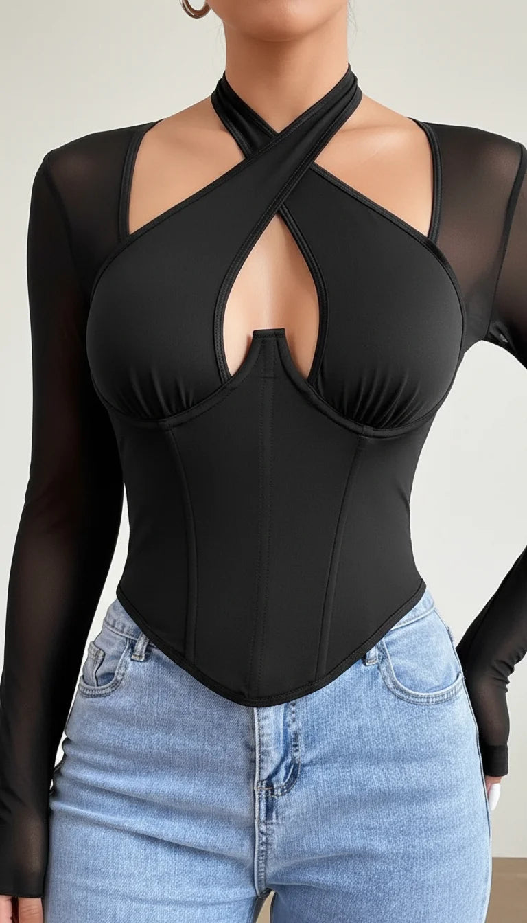 Top Corset Croisé Maille Noire - Vue face