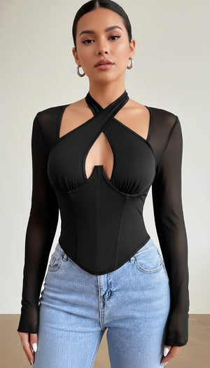 Top Corset Croisé Maille Noire - Vue principale