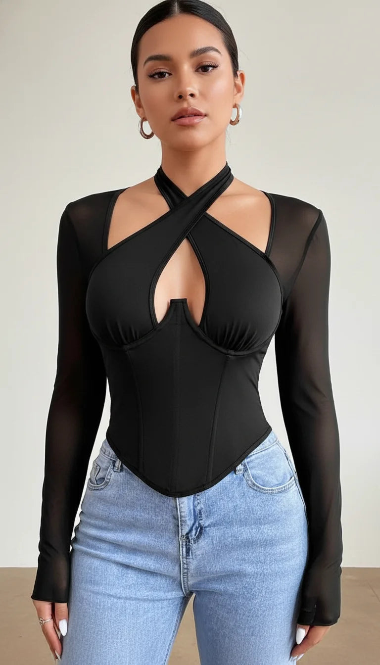 Top Corset Croisé Maille Noire - Vue principale