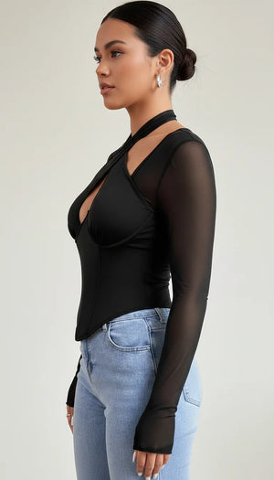 Top Corset Croisé Maille Noire - Vue profil