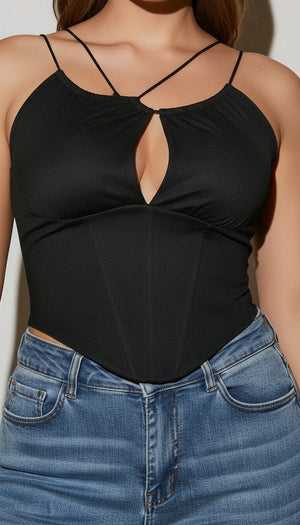 Top Corset Découpe Diamant Noir - Vue face