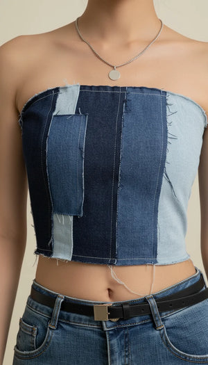 Top Corset Denim Patchwork - Vue face