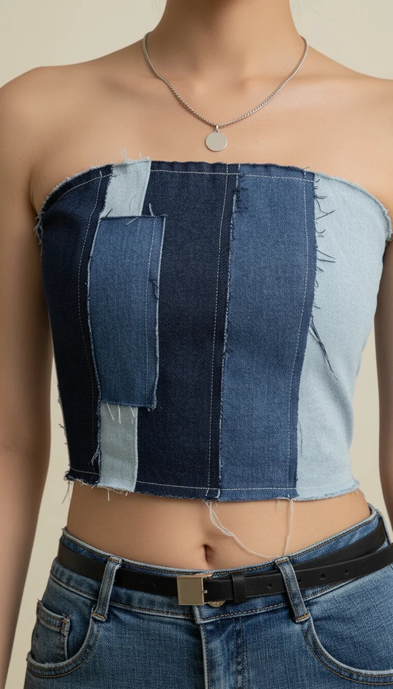Top Corset Denim Patchwork - Vue face