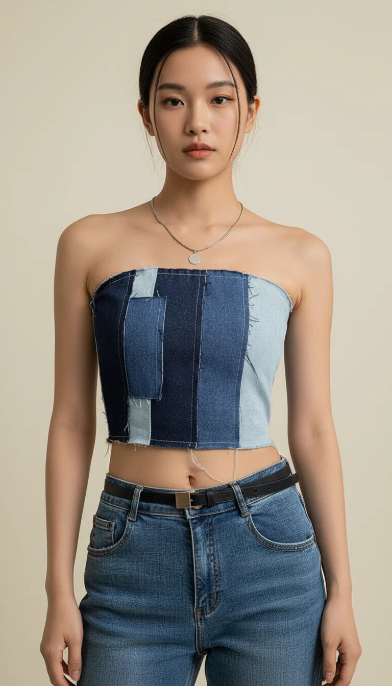 Top Corset Denim Patchwork - Vue principale