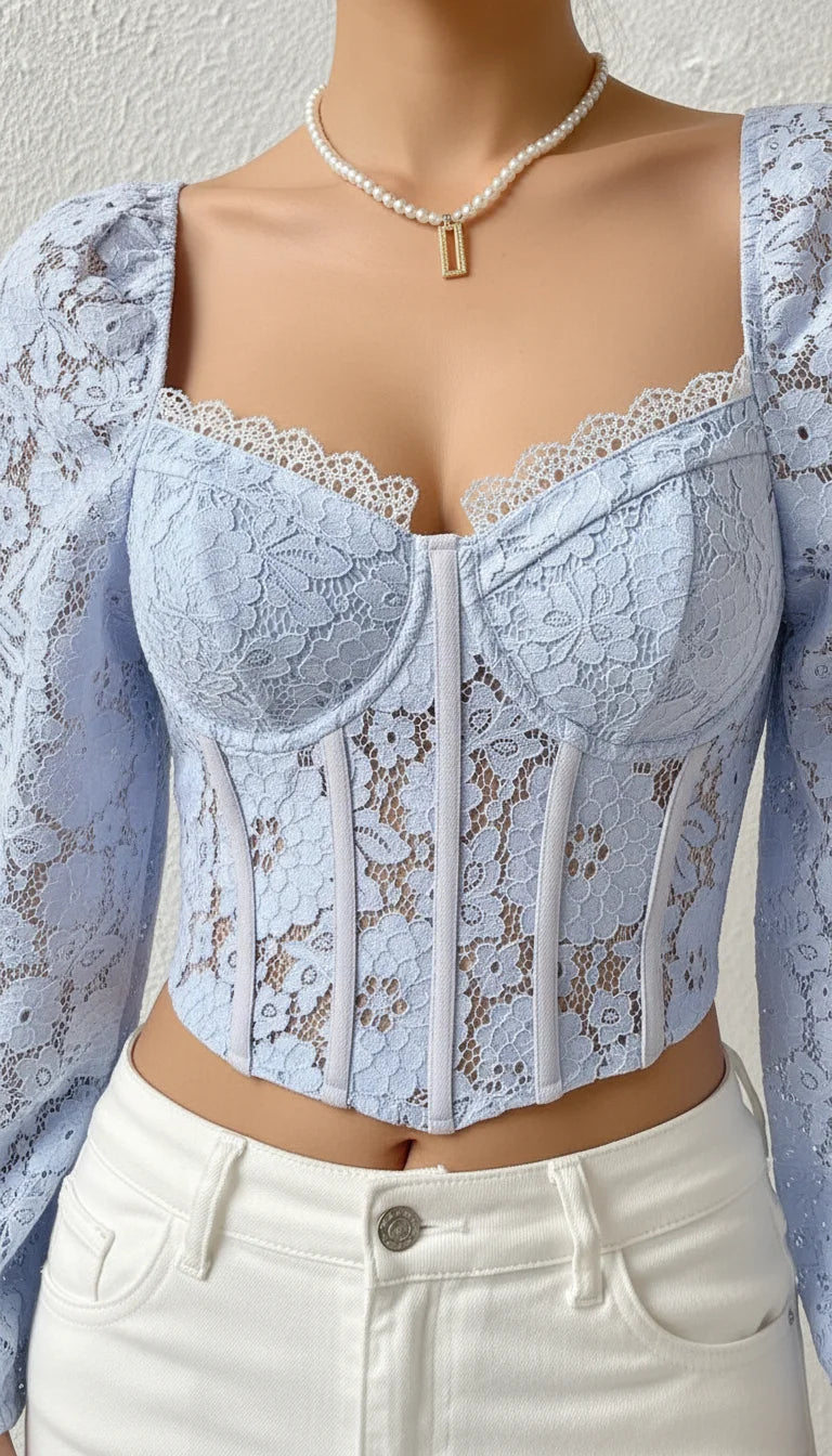 Top Corset Dentelle Bleu Ciel - Vue face