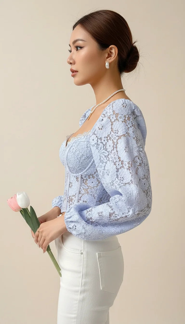 Top Corset Dentelle Bleu Ciel - Vue profil