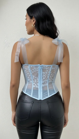 Top Corset Dentelle Fleurie Bleu Ciel - Vue dos