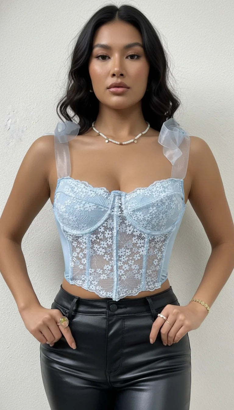 Top Corset Dentelle Fleurie Bleu Ciel - Vue principale