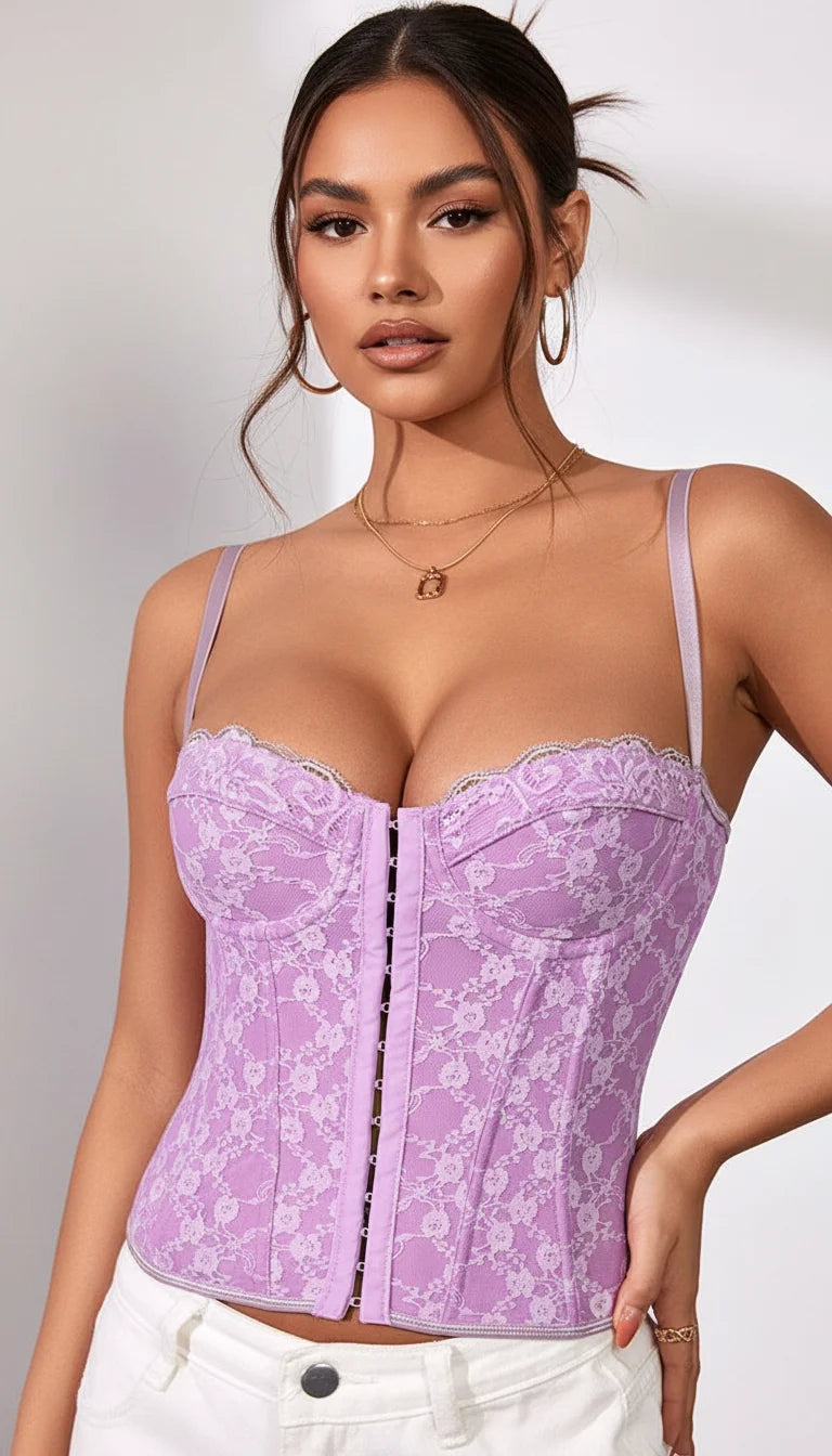 Top Corset Dentelle Florale Lilas - Vue principale