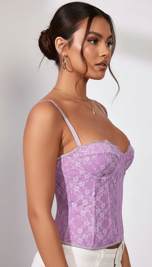 Top Corset Dentelle Florale Lilas - Vue profil