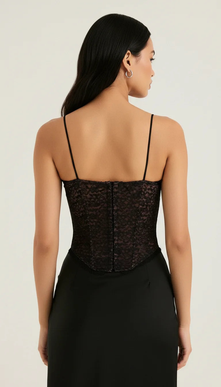 Top Corset Dentelle Florale Noire - Vue dos