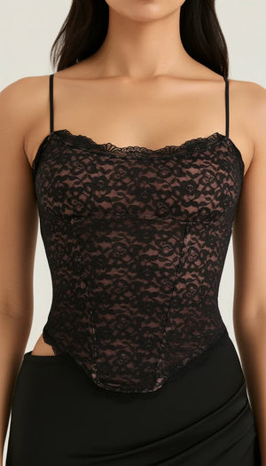 Top Corset Dentelle Florale Noire - Vue face