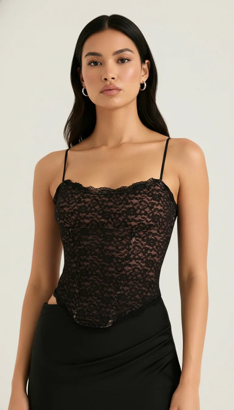 Top Corset Dentelle Florale Noire