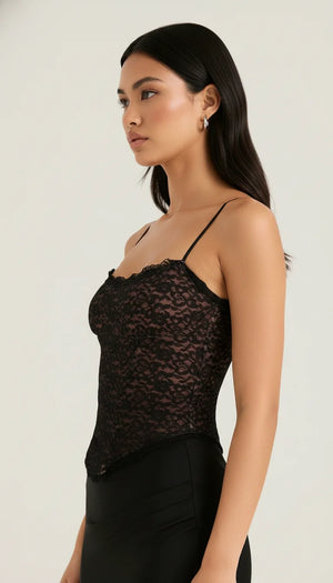 Top Corset Dentelle Florale Noire - Vue profil