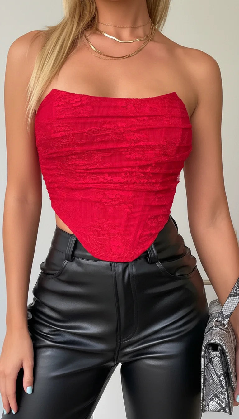 Top Corset Dentelle Froncée Écarlate - Vue face