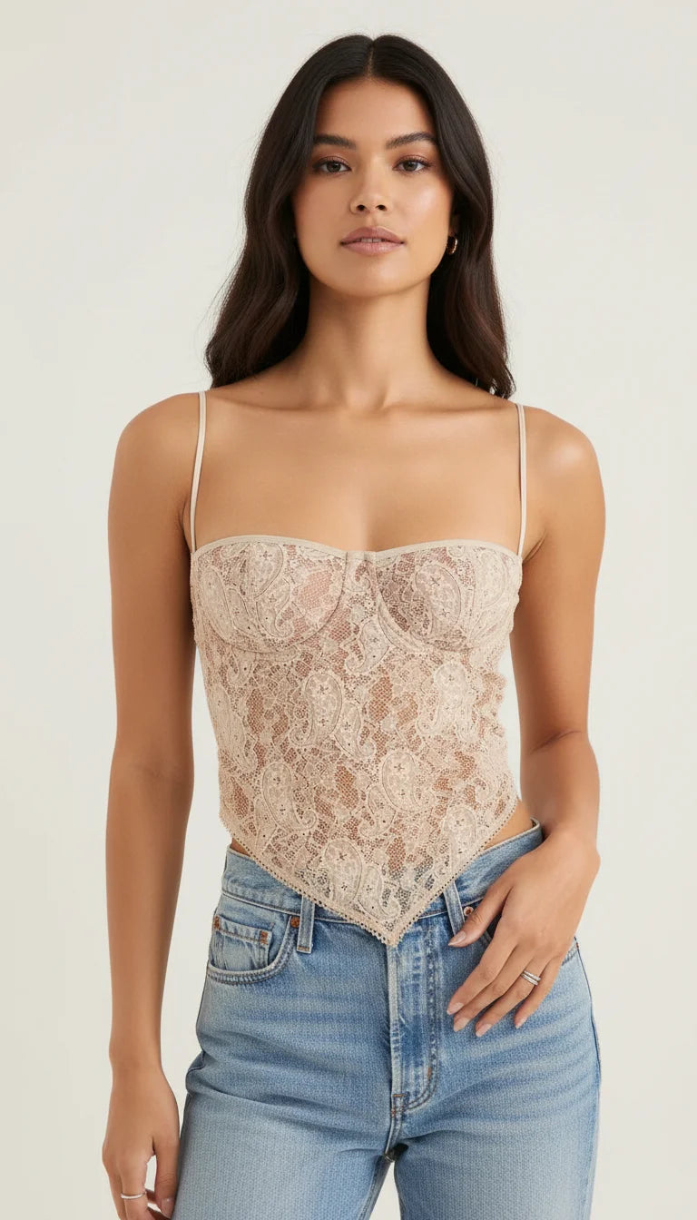 Top Corset Dentelle Liens Crème - Vue principale