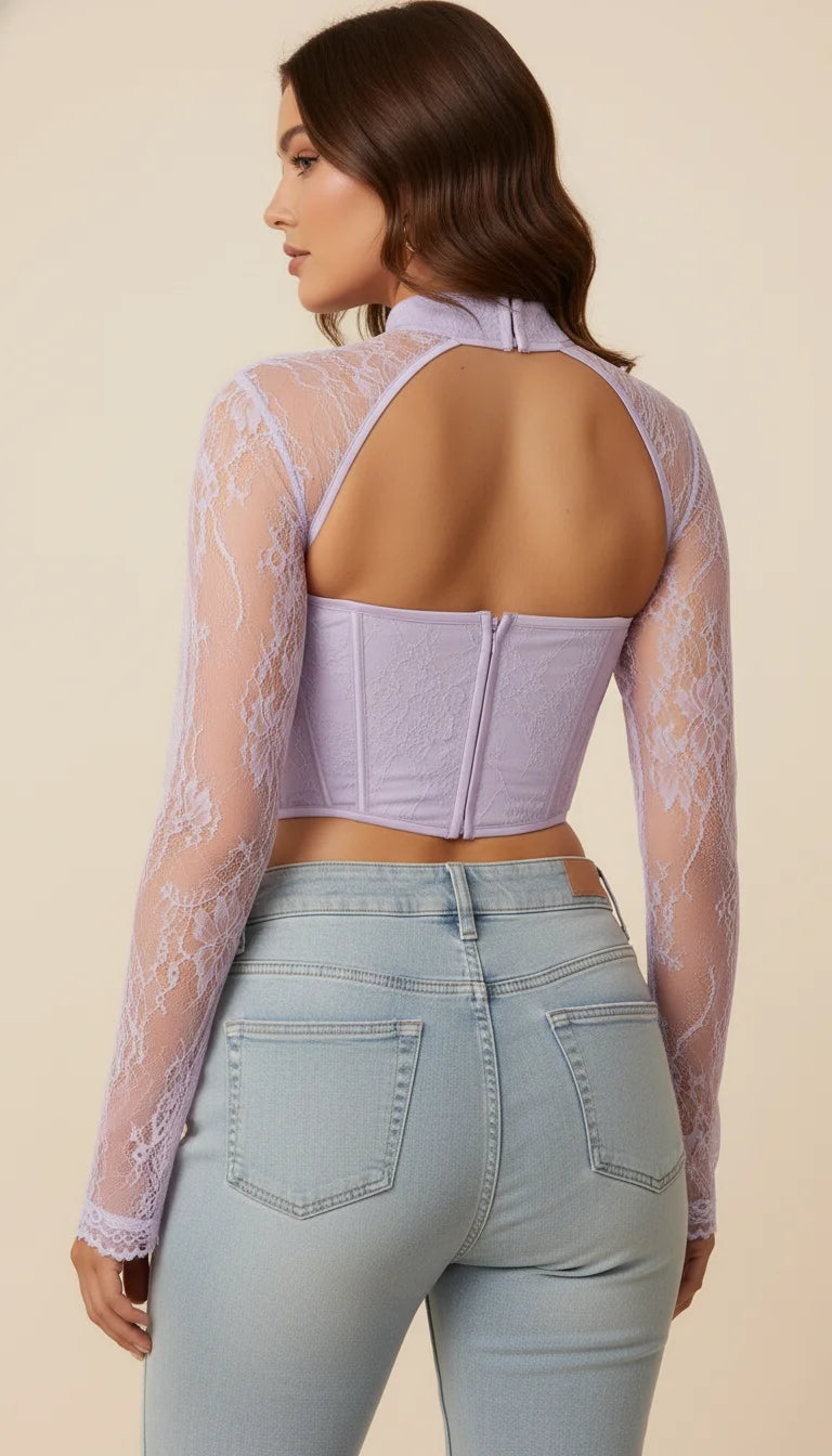 Top Corset Dentelle Lilas Manches - Vue dos