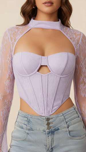 Top Corset Dentelle Lilas Manches - Vue face